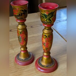 Pair Of Russian Golden Khokhloma Candle Holders